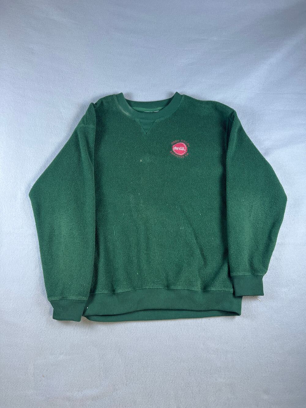 Vintage Coca-Cola Fleece Sweatshirt Mens L Green Crew Neck Embroidery Pullover